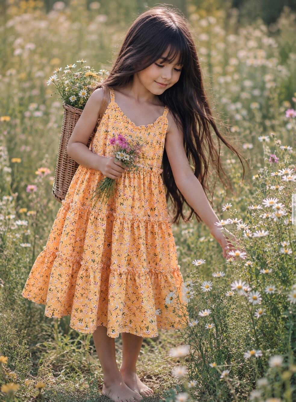 New Sunny Bliss Golden Floral Tiered Twirl Dress 8/9